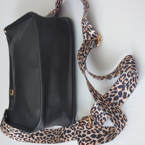 Black Faux Leather Crossbody Handbag With Leopard Strap - Picture 5 of 6